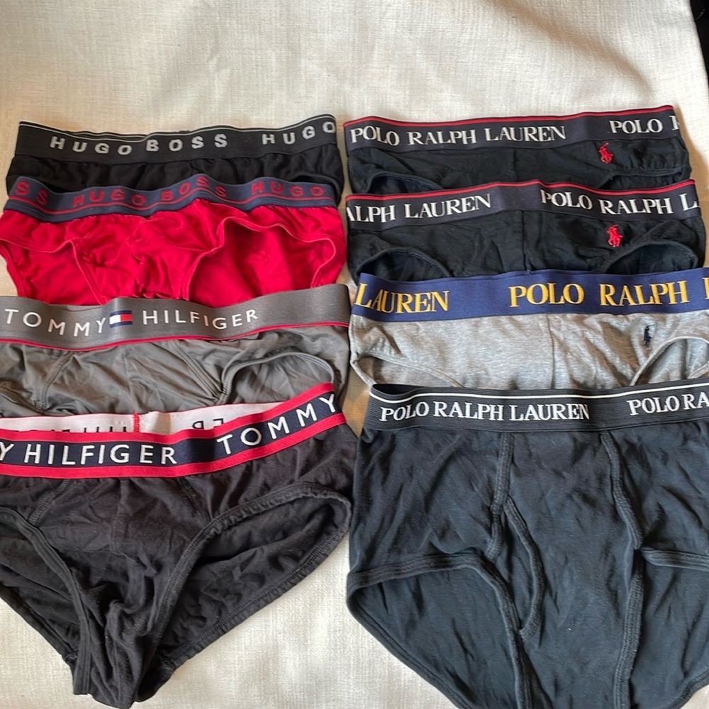 Lot of 8 men’s briefs. Ralph Lauren, Tommy Hilfiger, and Hugo Boss.